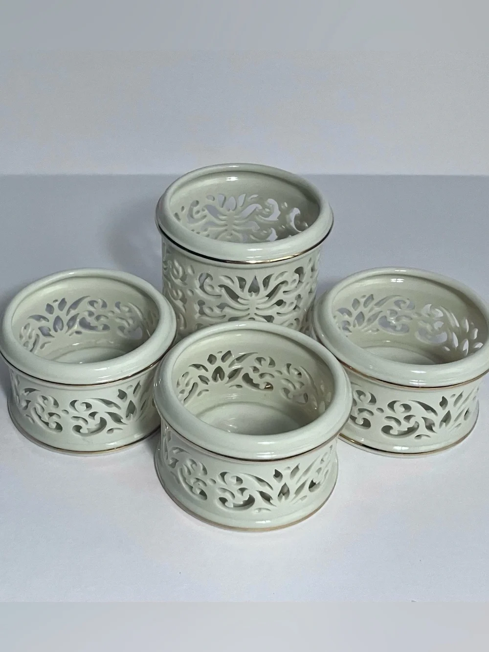 4 LENOX ILLUMINATIONS Pierced VOTIVE CANDLE HOLDERS / Elegant IVORY BONE CHINA